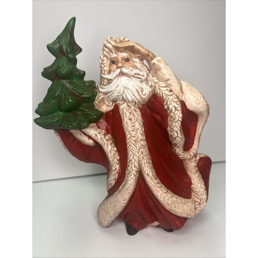 Vintage Old World Santa Holding Christmas Tree 10" Hand Painted Ceramic Figure